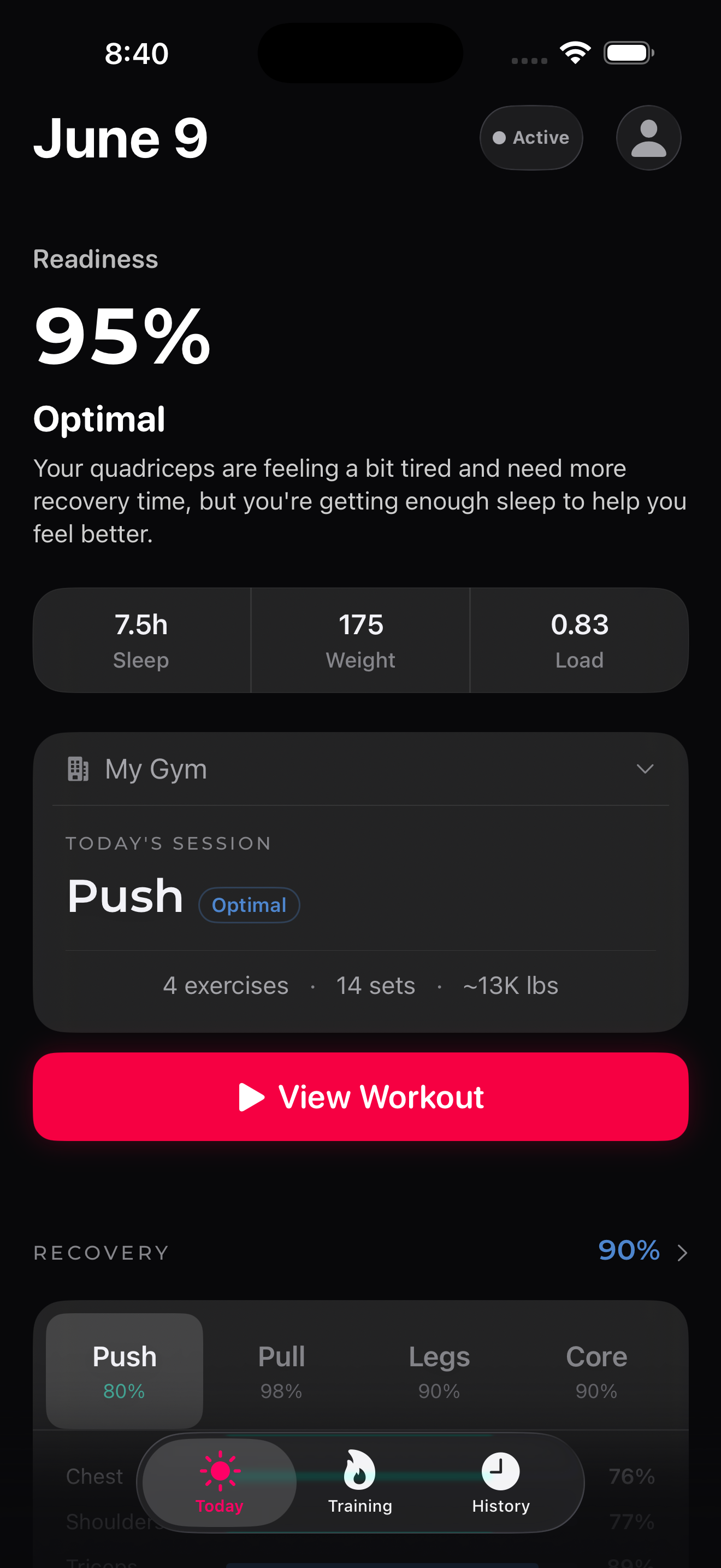 Strength IO — Home, readiness 95% Optimal